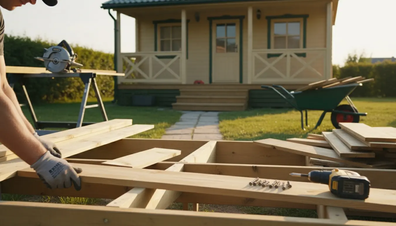 Nye trykimprægnerede brædder lægges på en terrasse ved et sommerhus, mens gammel træbunke er klar til bortskaffelse.
