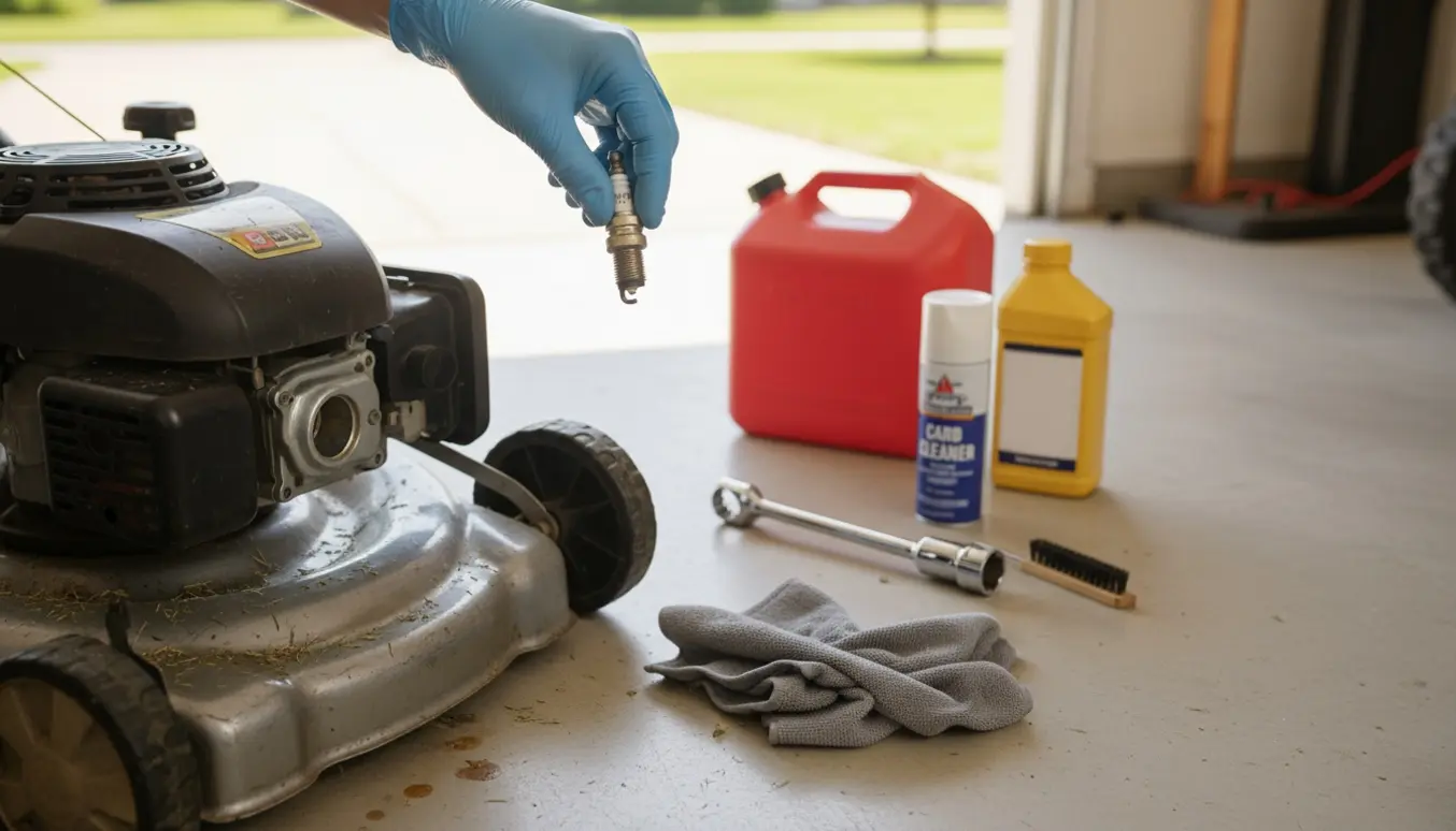 Nærbillede af en åben benzindrevet plæneklipper i garagen med værktøj og hænder, der inspicerer et tændrør.