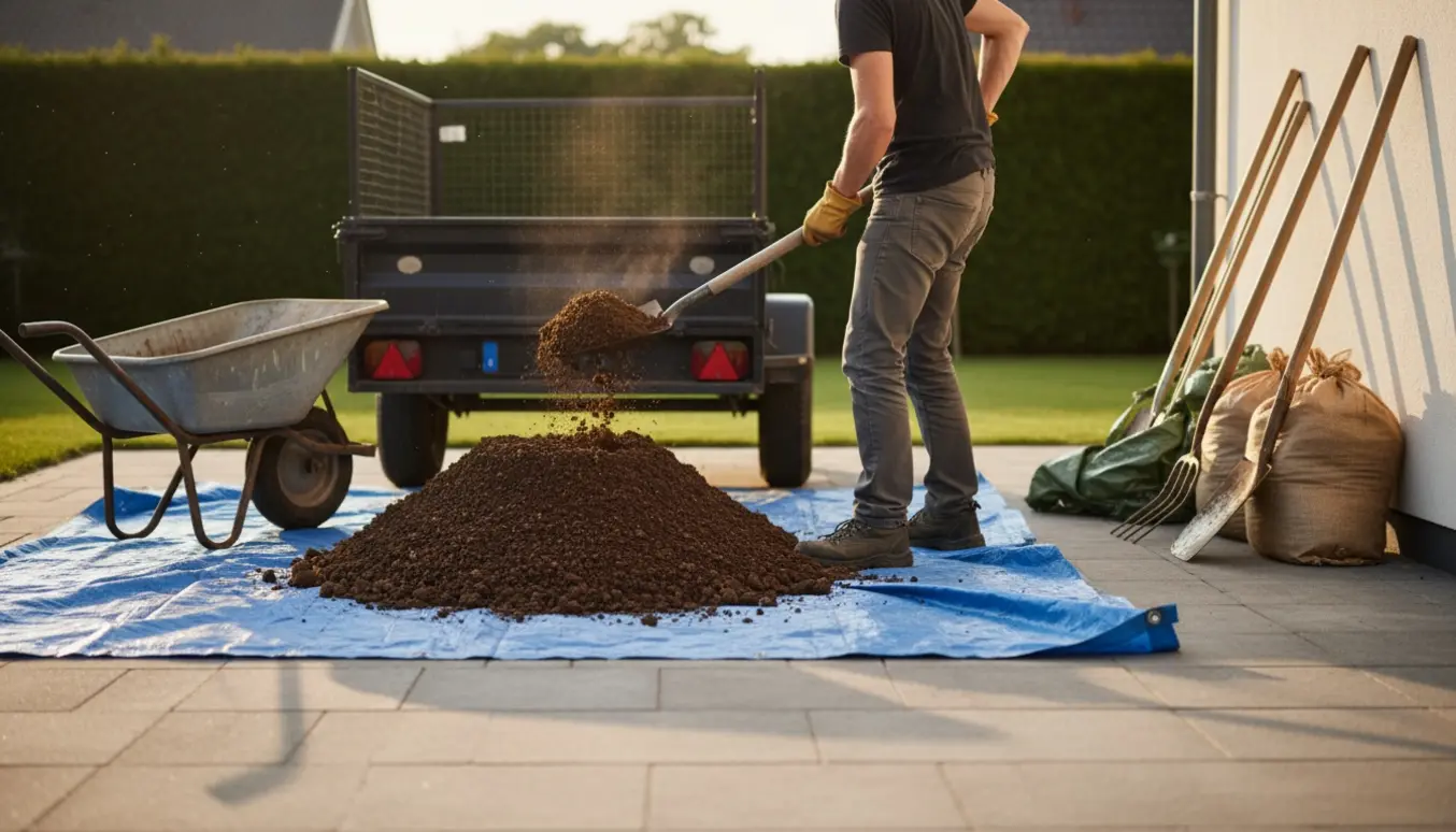 Rygvendt person skovler muldjord fra en presenning og fylder en trailer klar til bortkørsel.