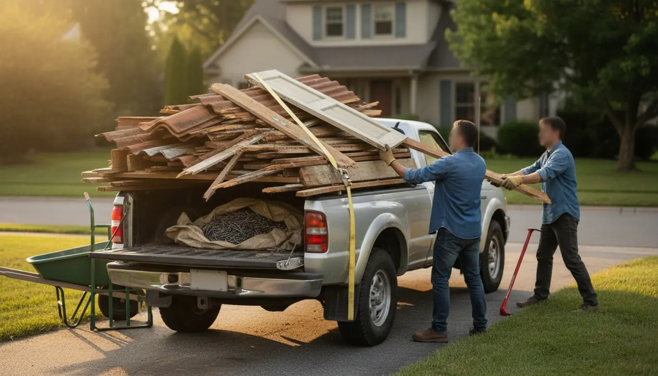 Lastbil læsses med skuraffald og brædder på en indkørsel, to hjælpere læsser uden synlige ansigter.