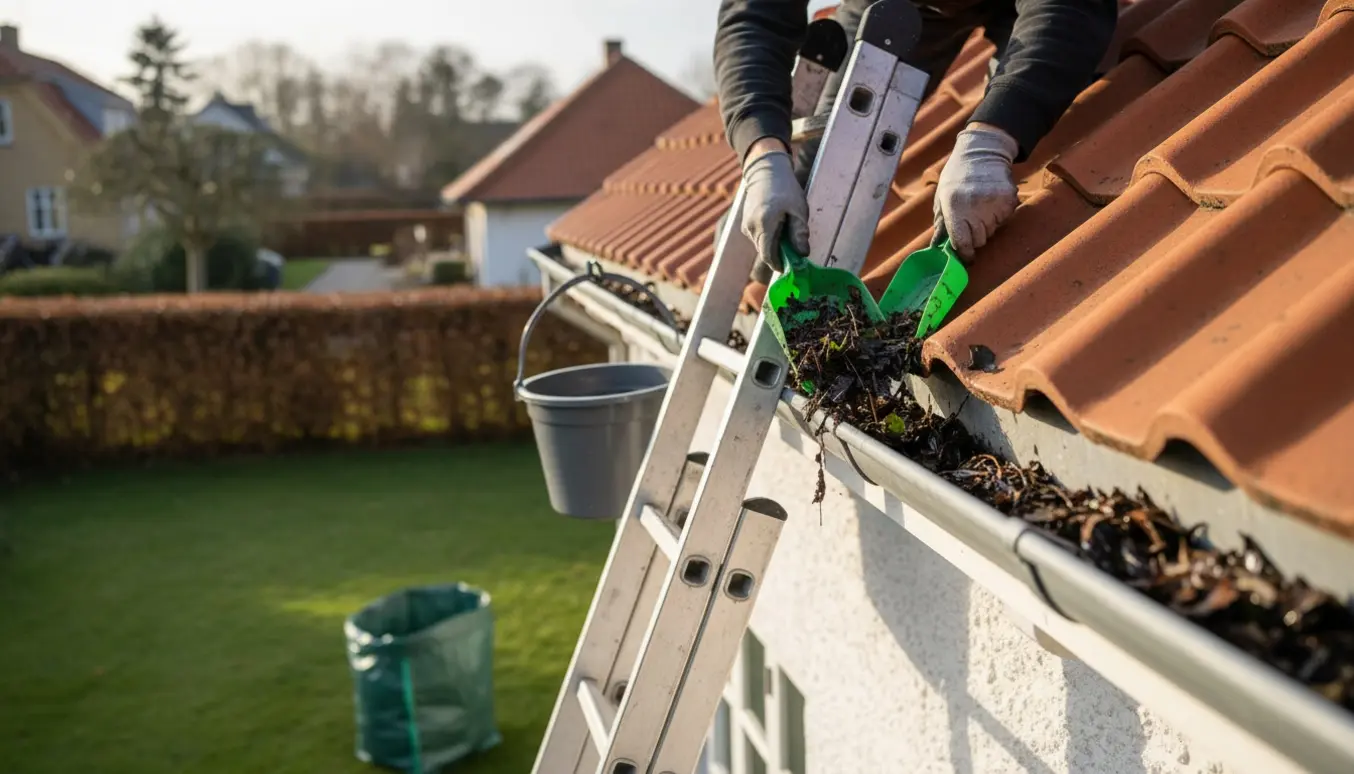 Hænder i handsker renser tagrende på en to-etagers villa i Gentofte med stige og spand.