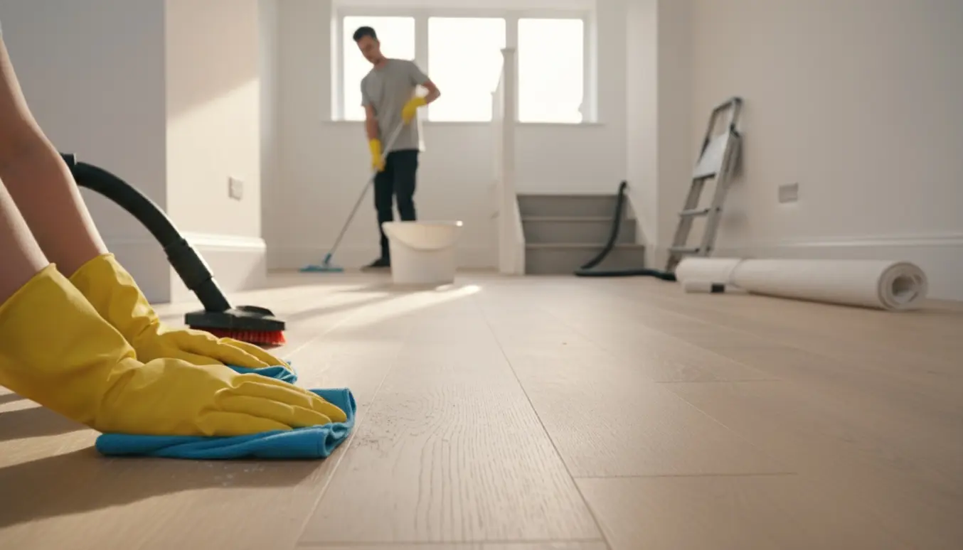 Rengøring efter ombygning i et rækkehus med handsker, der tørrer lister og en person, der mopper gulvet.