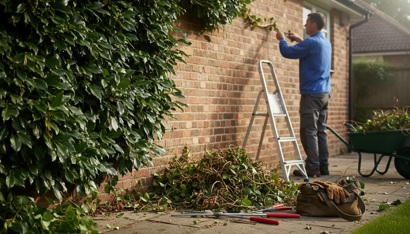 Efeu klippes tilbage langs en mur med en lille stige, grensaks og en bunke afklippede grene.