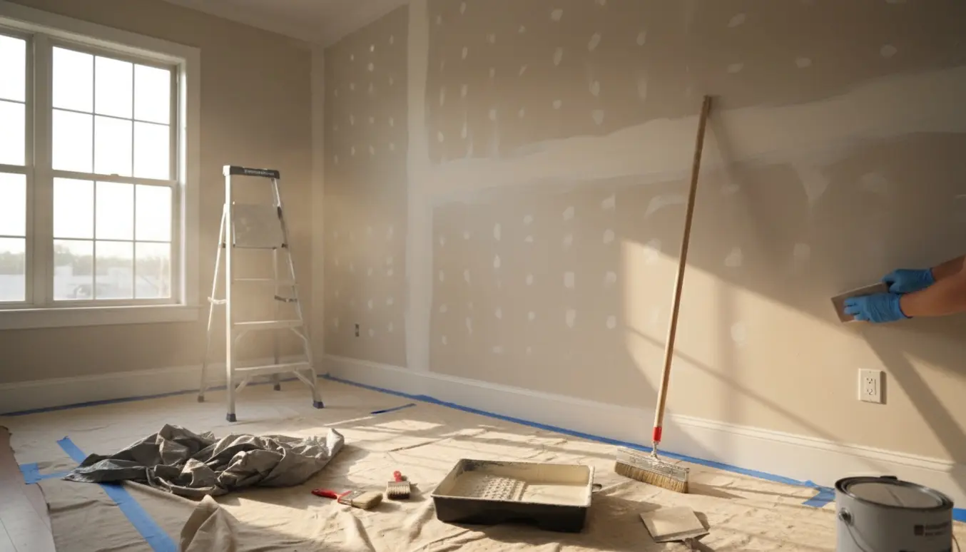 Et rum klar til maling med afdækning, stige, slibeværktøj og malergrej.