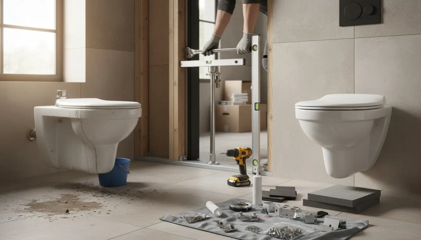 Håndværker monterer væghængt toilet i lyst badeværelse mens det gamle gulvtoilet er afmonteret.