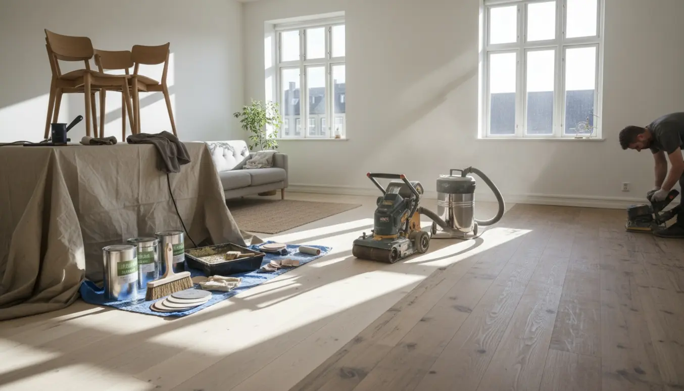 Slibning af trægulv i en lys Vesterbro-lejlighed med slibemaskine og olieudstyr.