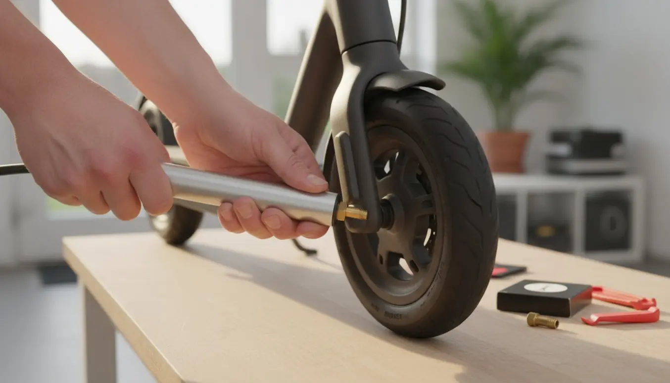 Hænder pumper luft i et el-løbehjuls hjul med en lille cykelpumpe og ventiladapter i en sollys garage.