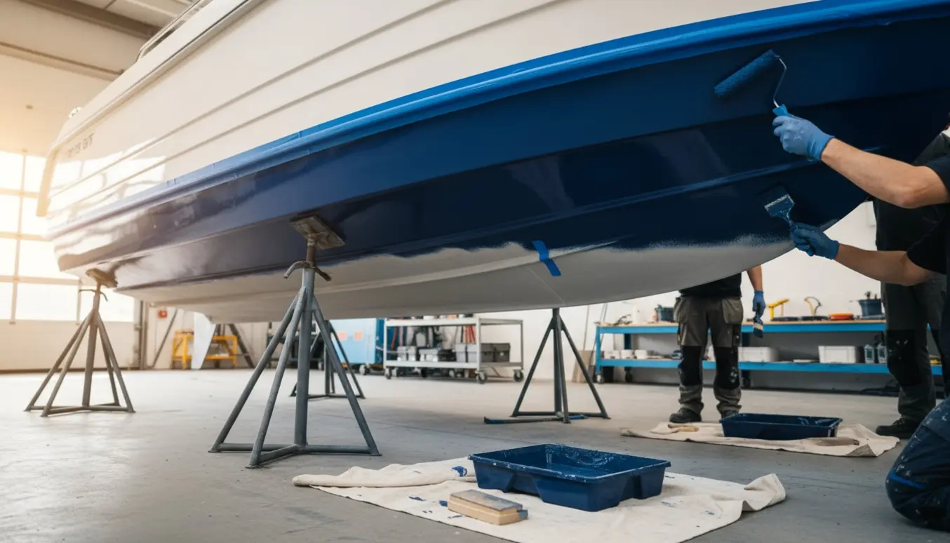 Nærbillede af en styrepultbåd på land, hvor hænder maler bunden kongeblå med rulle og pensel.