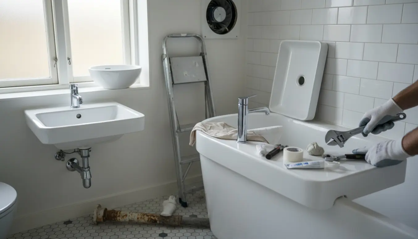 Lille københavner-badeværelse under udskiftning af håndvask med rusten vandlås på gulvet, ny vask og værktøj klar samt åben udsugning.
