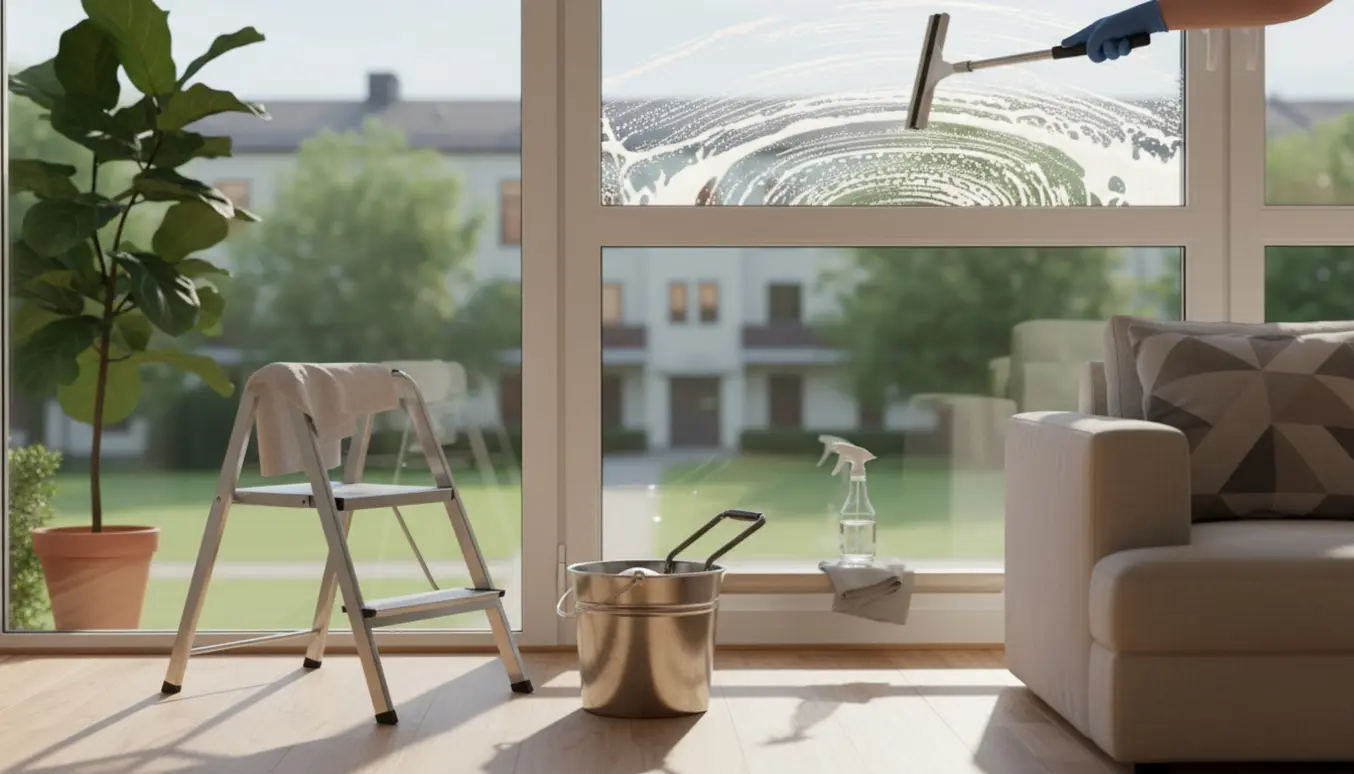 Hænder pudser vindue i lyst, moderne lejlighed med skinnende ruder og rengøringsudstyr.