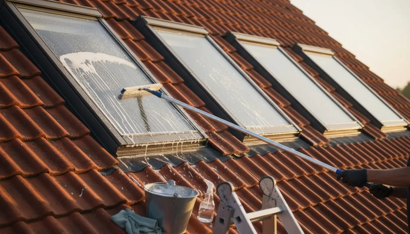 Hænder pudser tagvindue med teleskopisk vinduesvasker ved en række tagvinduer i blødt morgenlys.