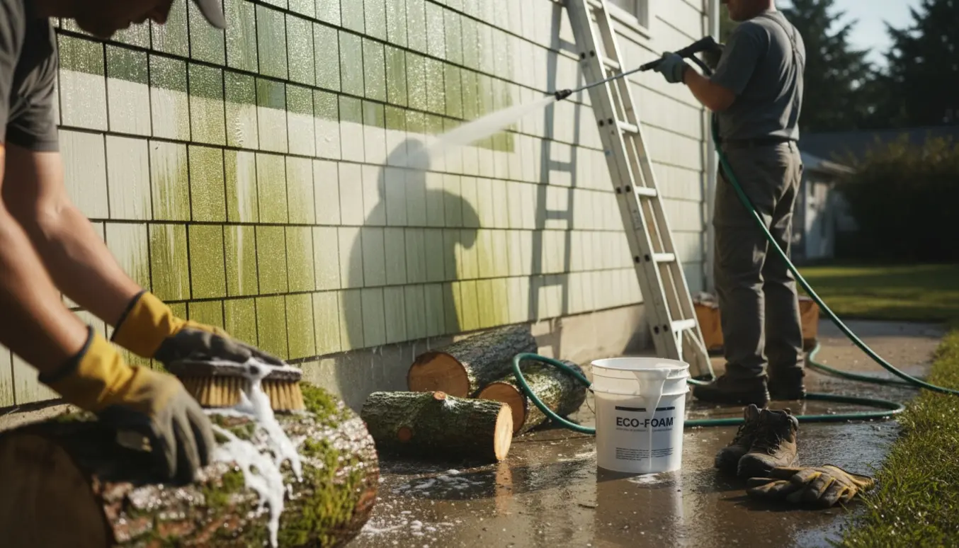 Håndværkere renser grønne alger fra husfacade og fældede træstammer med højtryksrenser og børster.