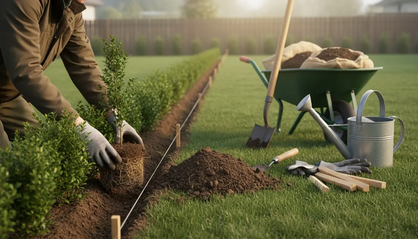 Nærbillede af plantning af en ny hæk med handsker, spade, jord og en lang række unge planter i haven.