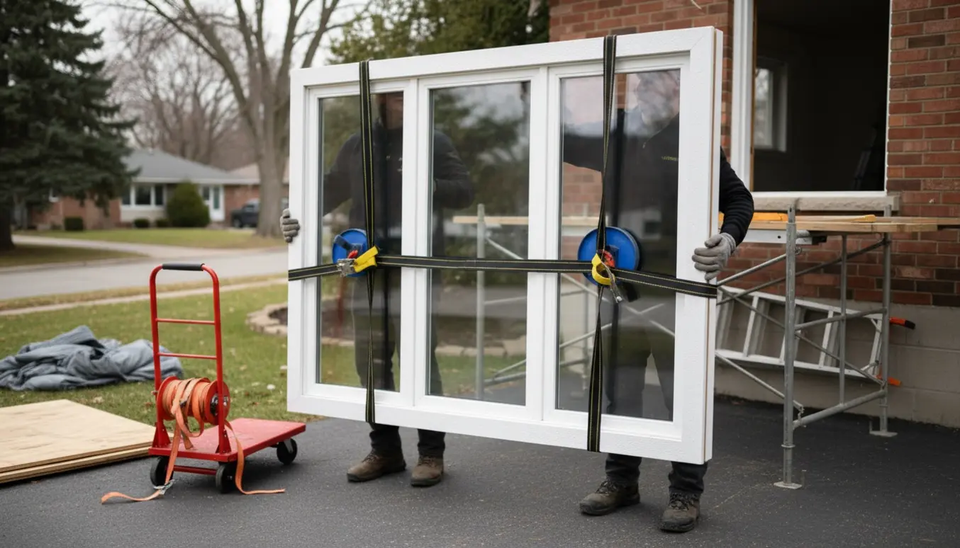 To personer løfter et stort trelags vindue fra indkørsel og placerer det ved huset uden synlige ansigter.