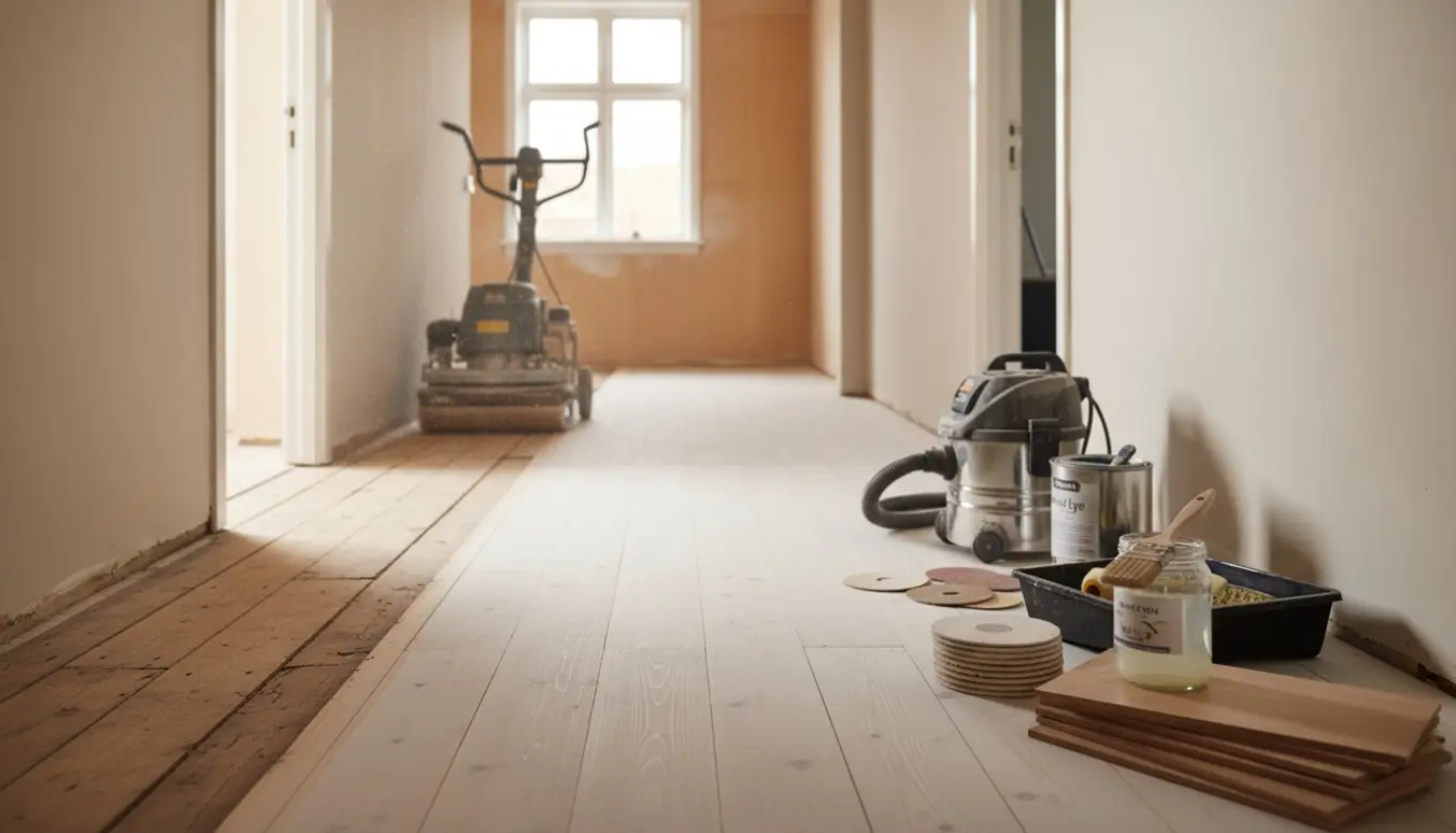 Indendørs gang med frisk slebet trægulv under slibning og ludbehandling, værktøj og afmonteret laminat ved siden af.