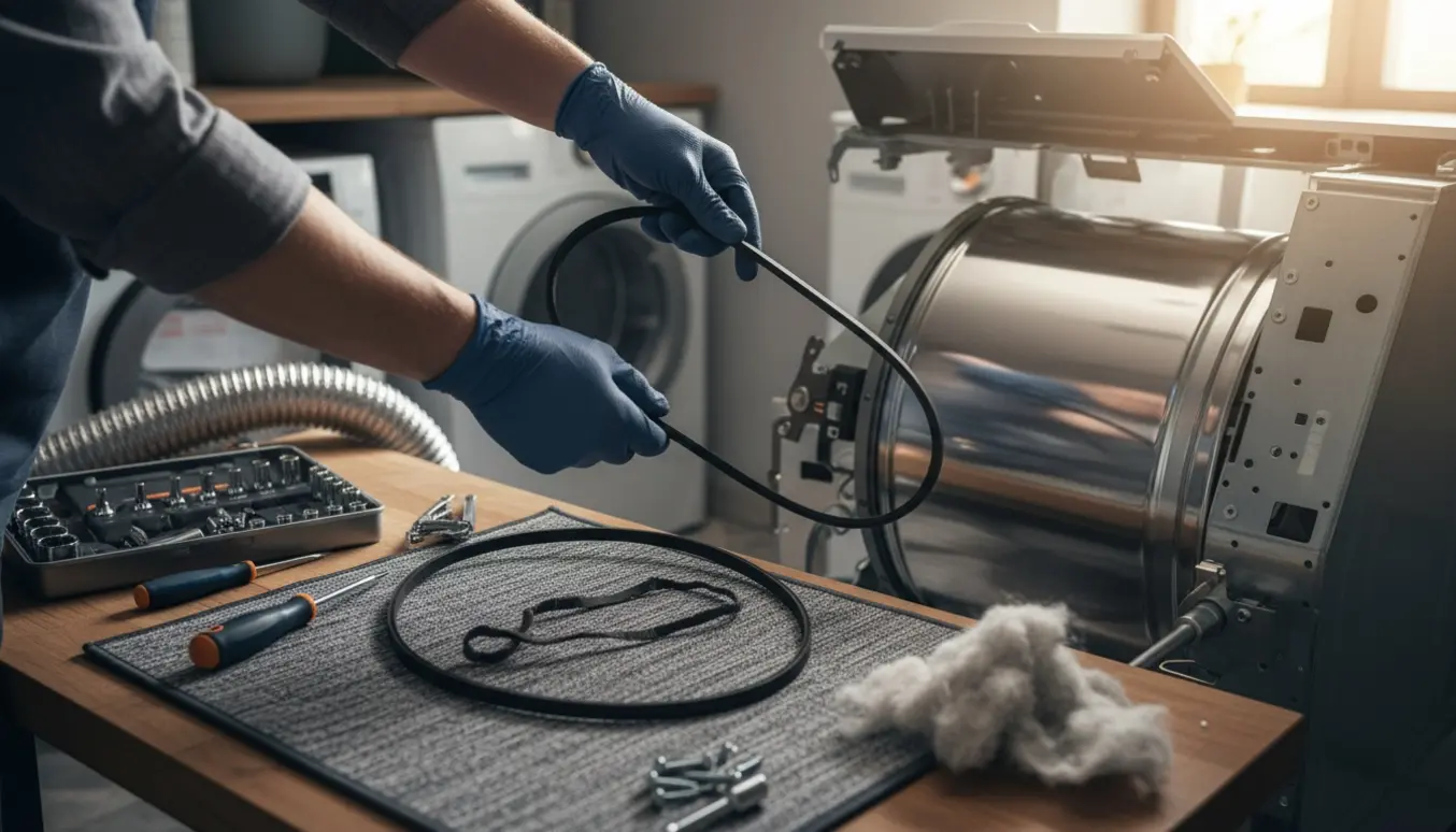 Tekniker skifter rem på en åben tørretumbler med reservedele og værktøj i en opvaskerum-aktig baggrund.