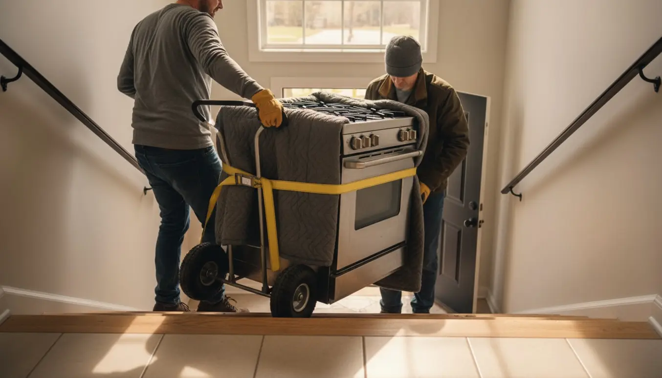 To personer bærer en indpakket gulvstående ovn ned ad en bred trappe mod kælderen.