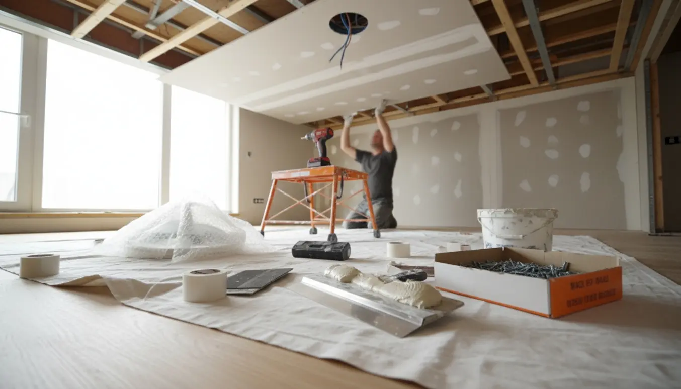 Tom stue med delvist monteret gipspladelof, spartelværktøj og åbent lampeudtag klar til flytning.