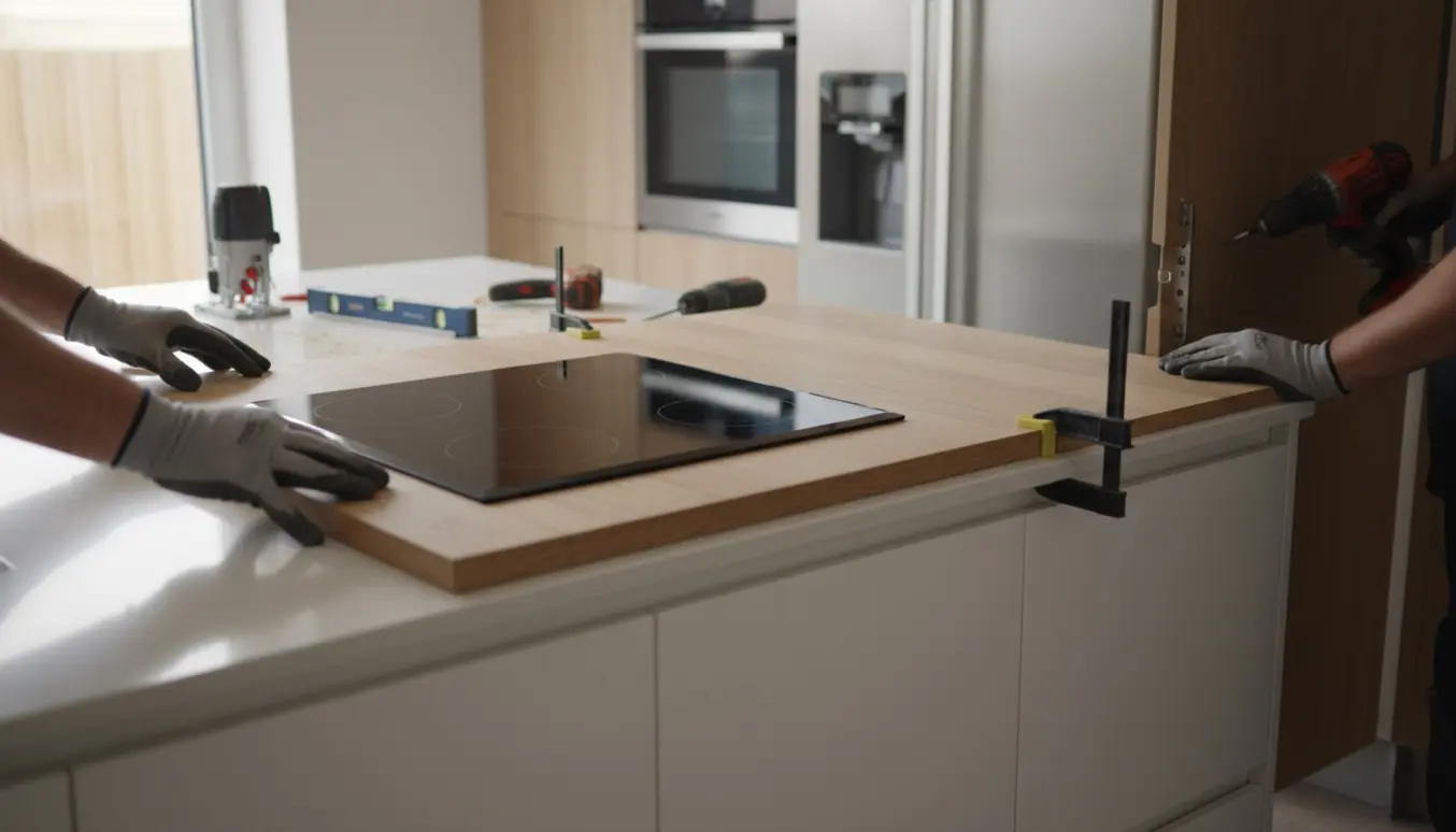 Hænder monterer køkkenlåger, afkorter et skab og tilpasser en bordplade med indbygget induktionskogeplade i et lyst, moderne køkken.
