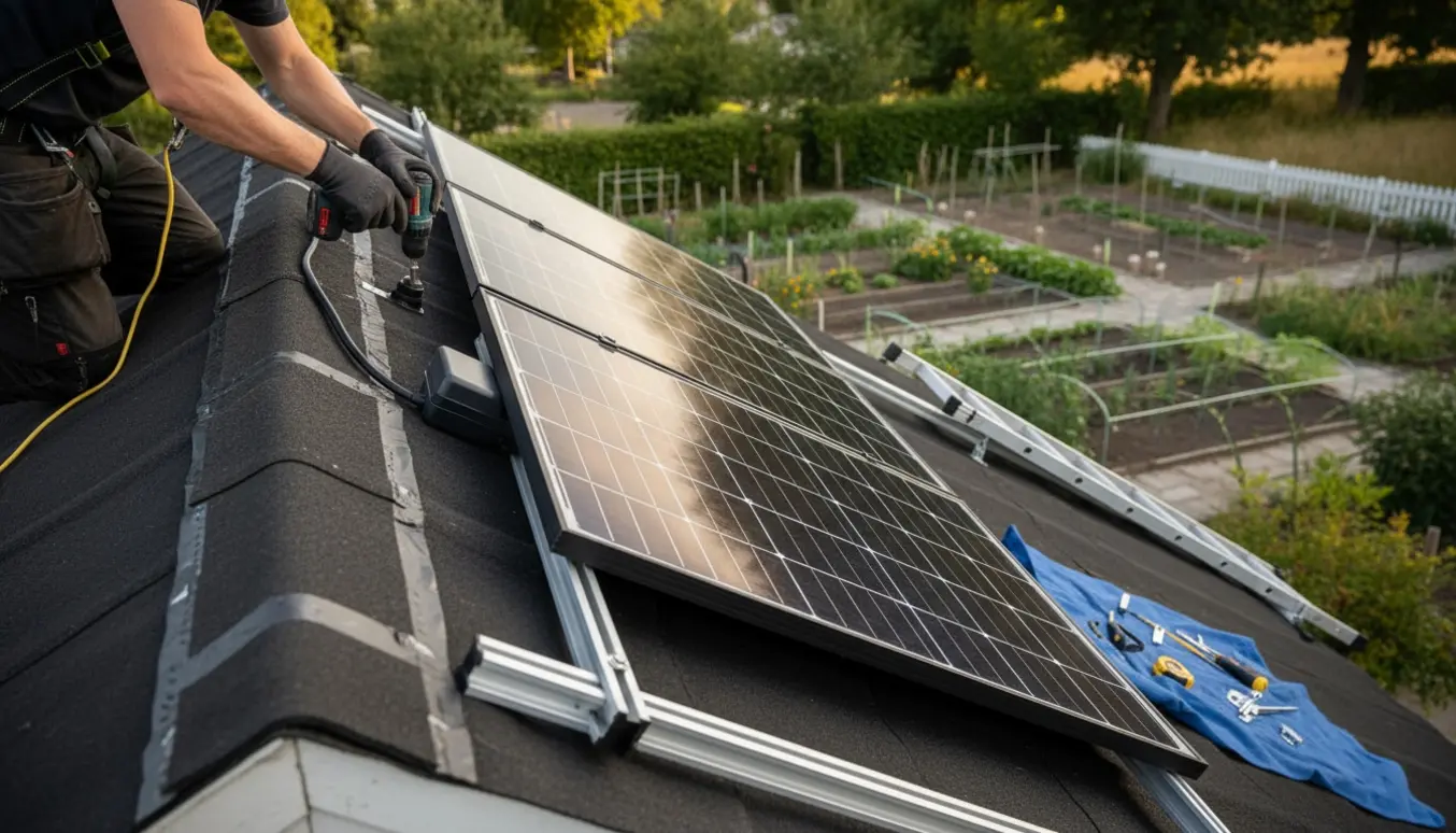 Installatør monterer en solcelle på et tagpapstag på et kolonihavehus, mens kabel føres gennem en gummigennemføring.