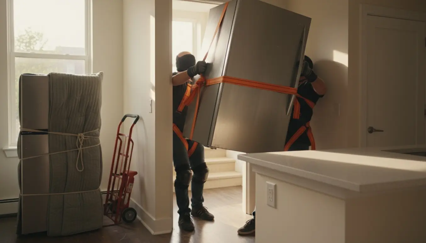 To flyttemænd løfter et køleskab op over køkkenbordet i en lys lejlighed, mens et gammelt indpakket køleskab står på en tralle i gangen.