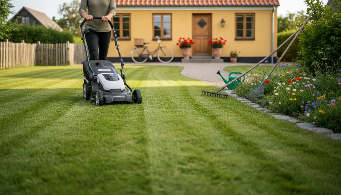 Person set bagfra slår græs foran et charmerende hus i Ebeltoft med nyklippet græs og haveværktøj.