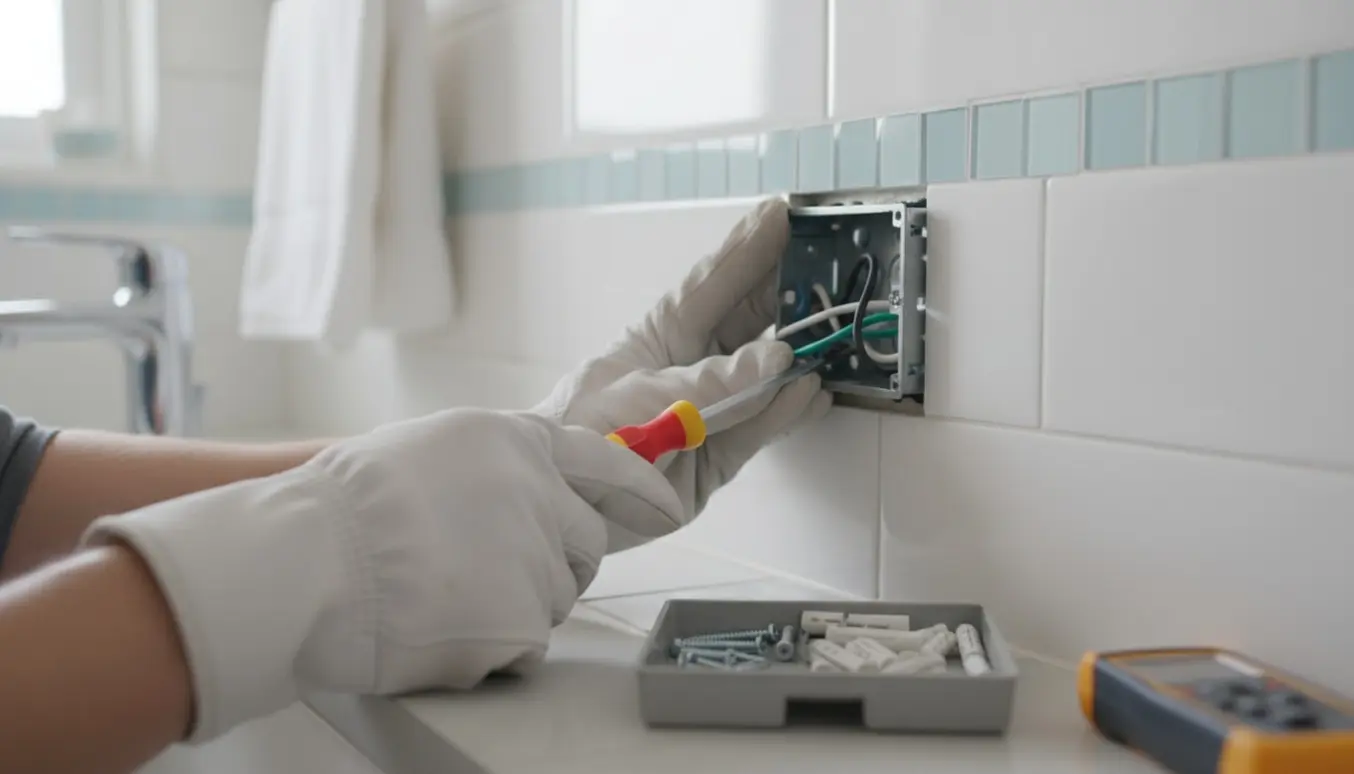 Hænder fastgør en stikkontakt i et flisebelagt badeværelse med skruer og monteringsbeslag.