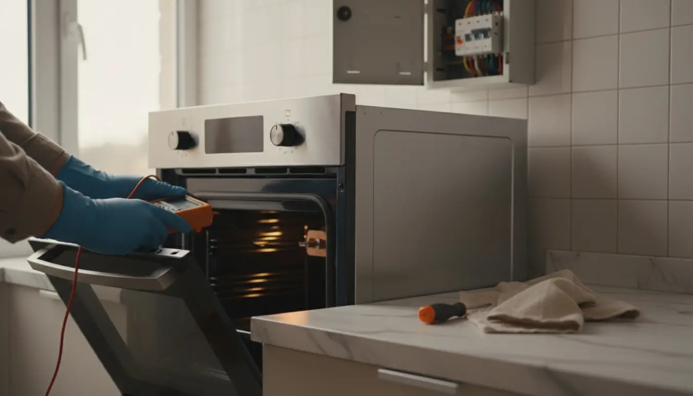 Hænder med beskyttelseshandsker tester en ovn med multimeter foran en åben el-tavle i et moderne køkken.