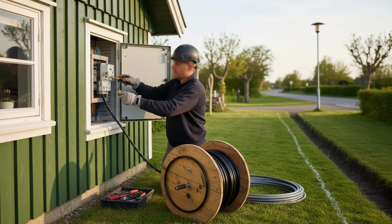 Elektriker forbinder måleramme og el-tavle på et kolonihavehus med kabelrulle i græsset og vej i baggrunden.