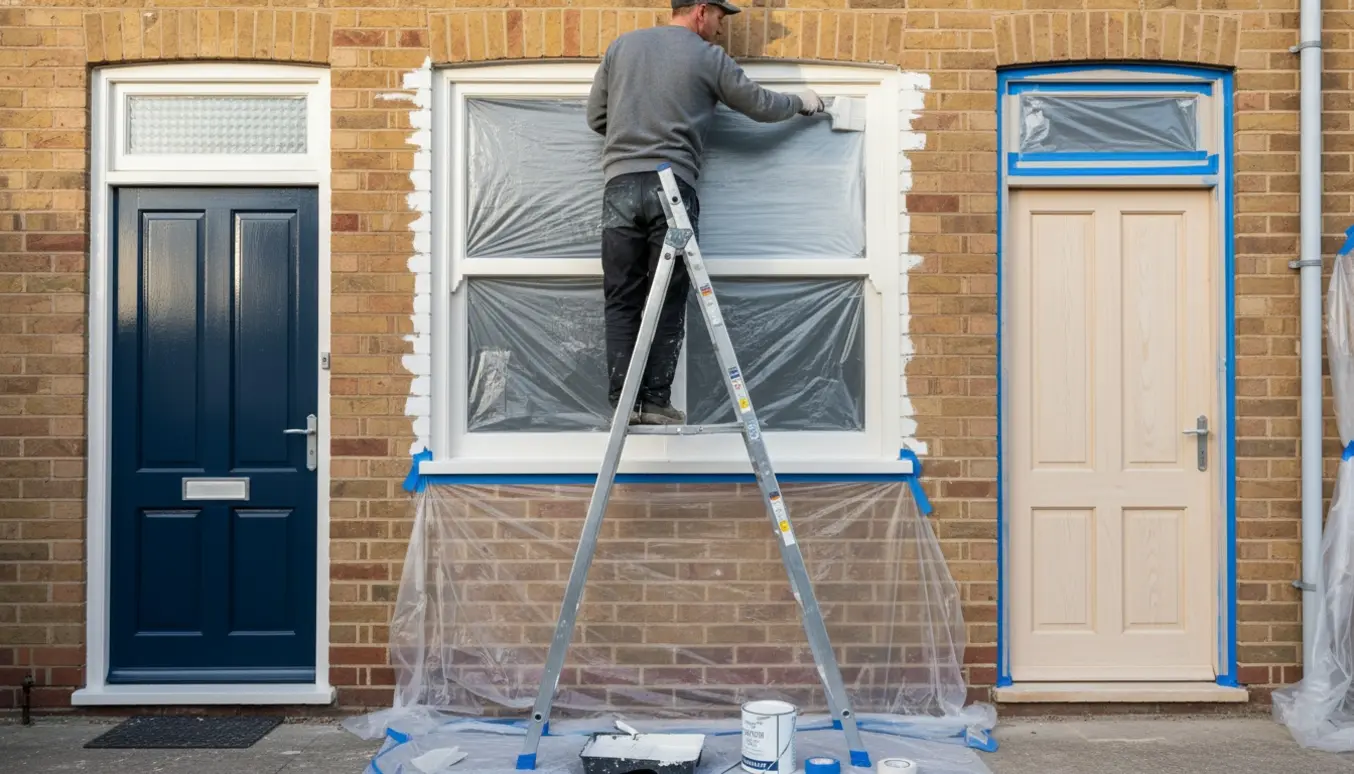 Udvendig husfacade med maler på stige, afdækket vinduesparti og nymalet vinduesramme og døre.