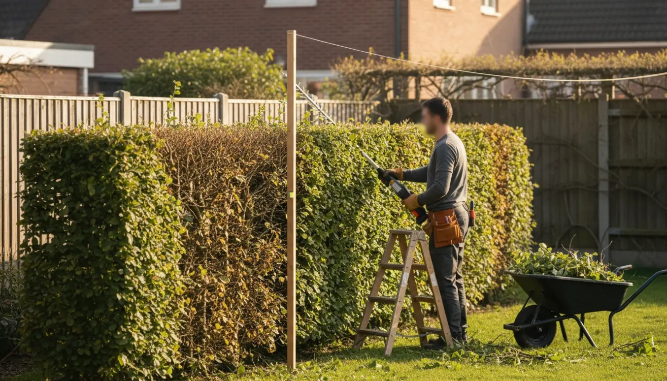 Person klipper toppen af en bøgehæk i haven med afklip samlet i en trillebør.