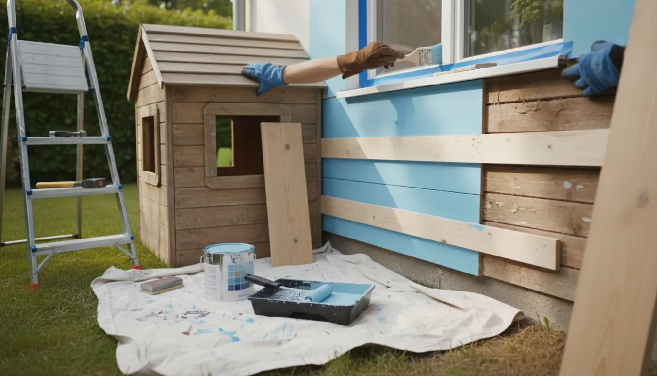 Legehus ved husmuren under reparation og maling med værktøj og nymalede brædder.