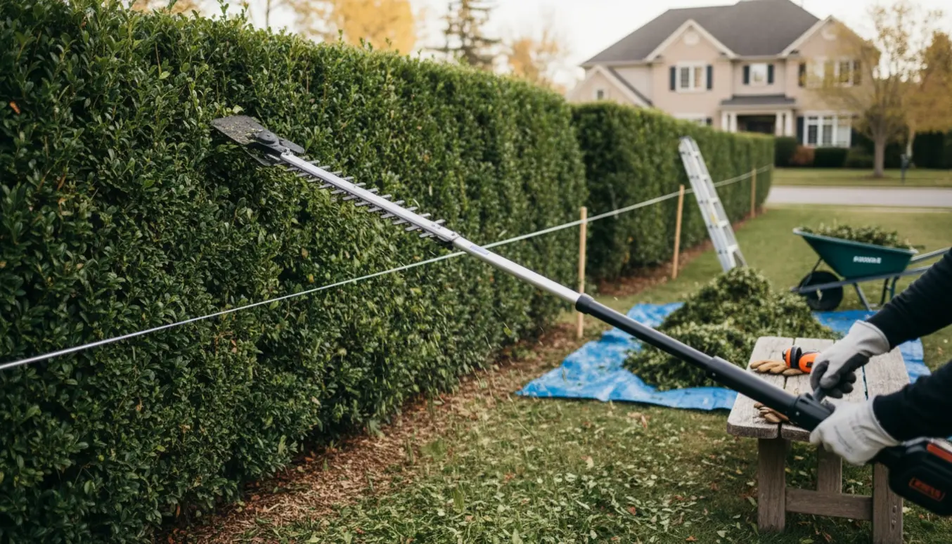 Lang havehæk klippes ned med en langtrukket hækkeklipper, med afklip samlet på presenning og i trillebør.