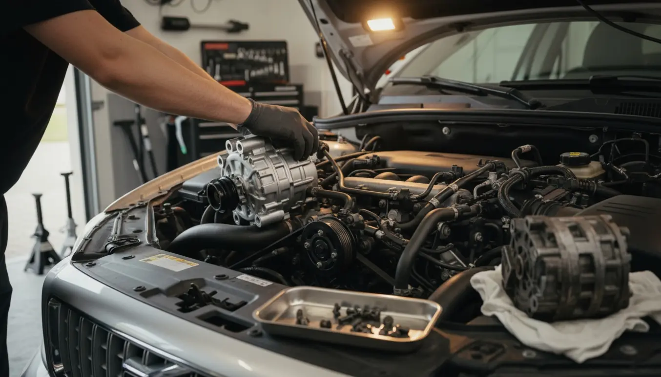 Nærbillede af udskiftning af AC-kompressor i en 2007 Volvo XC90 D5 med åbent motorrum og værktøj.