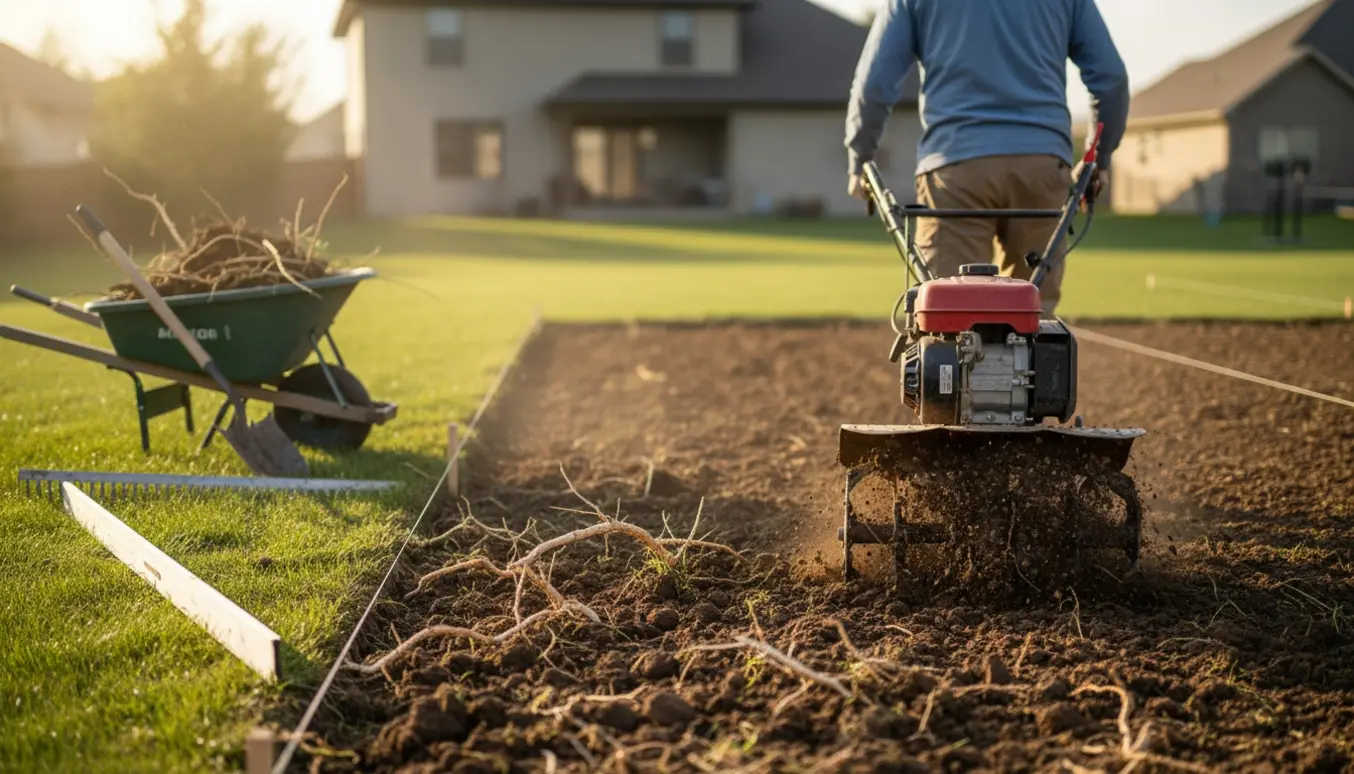 Baghave under fræsning og nivellering med fræser og værktøj, person set bagfra.