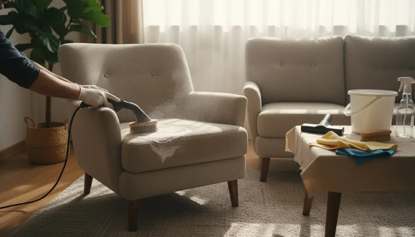Nærbillede af rengøring af en lænestol og lille sofa med damprenser og rengøringsudstyr i en lys stue.