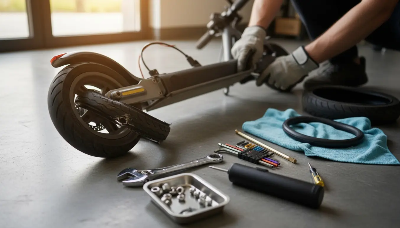 Baghjulet på et elektrisk løbehjul skiftes med nyt dæk, værktøj ligger pænt ved siden af, kun hænder ses.