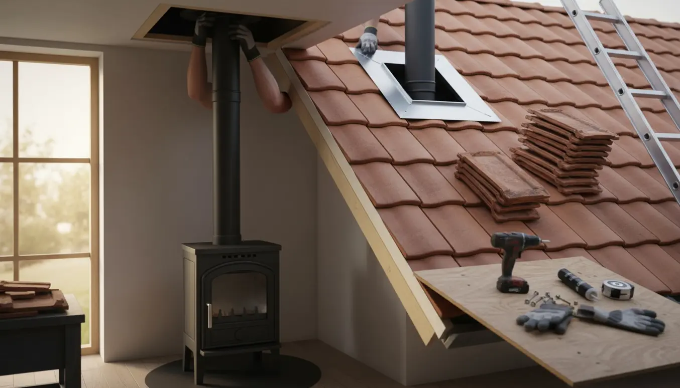 Hænder med handsker tilslutter skorstenrør fra en brændeovn gennem taget med blikbeslag og værktøj i baggrunden.