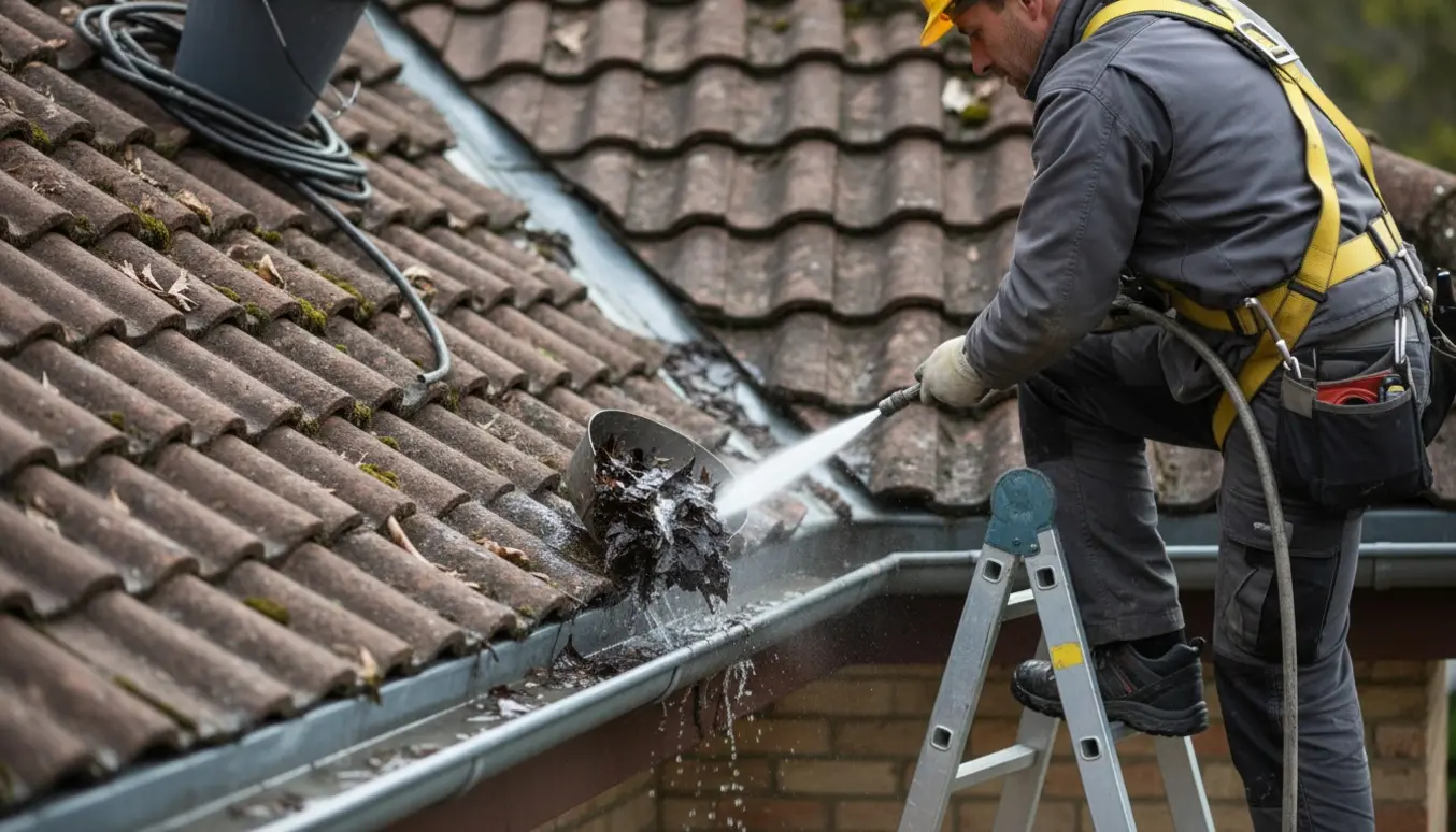 Håndværker renser tagrende og spuler nedløbsrør på et tegltag, ansigt ikke synligt.