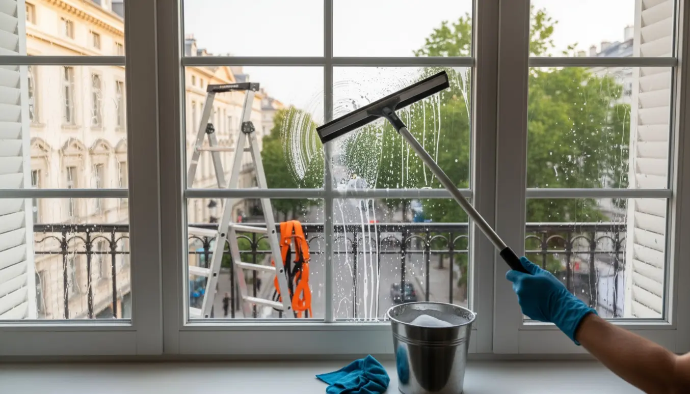 Indvendig vinduespudsning i lejlighed på tredje sal med squeegee, spand og klar byudsigt.