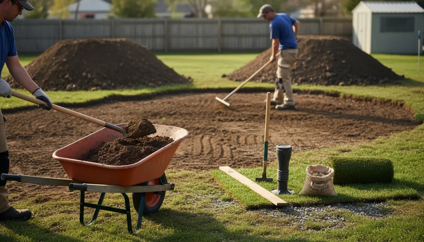 Udbredning og planering af jord i haven efter poolgravning med skovl, rive og trillebør i fokus.