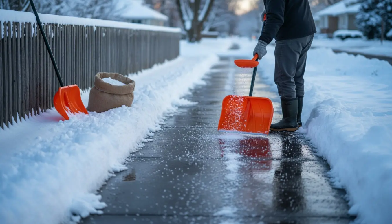 Person skovler sne og spreder salt på et fortov med synlige saltkrystaller og snebunker.