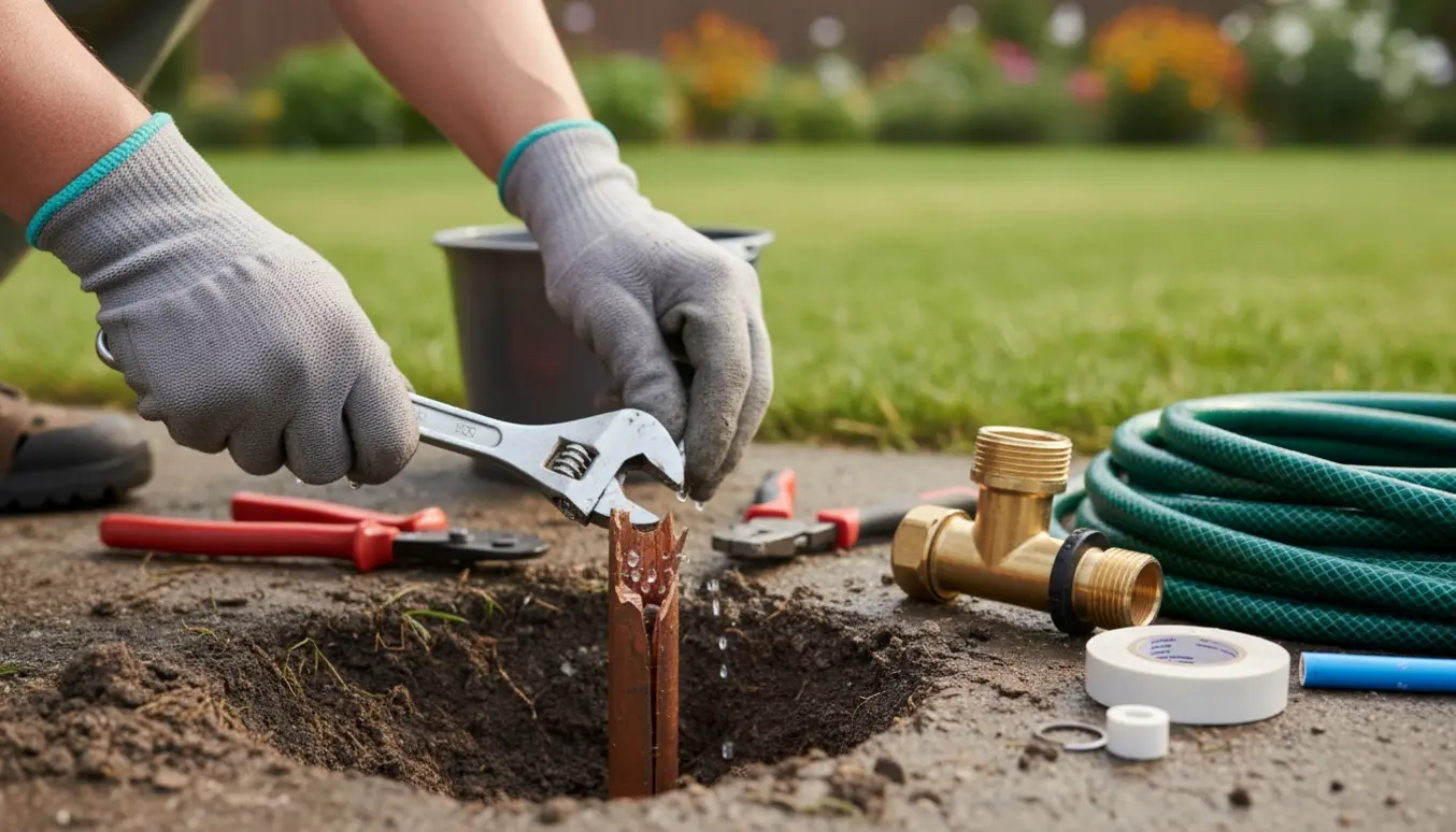 Handskerede hænder udskifter et frostrevnet udendørs vandrør og monterer en ny messing hane ved en lille udgravning.