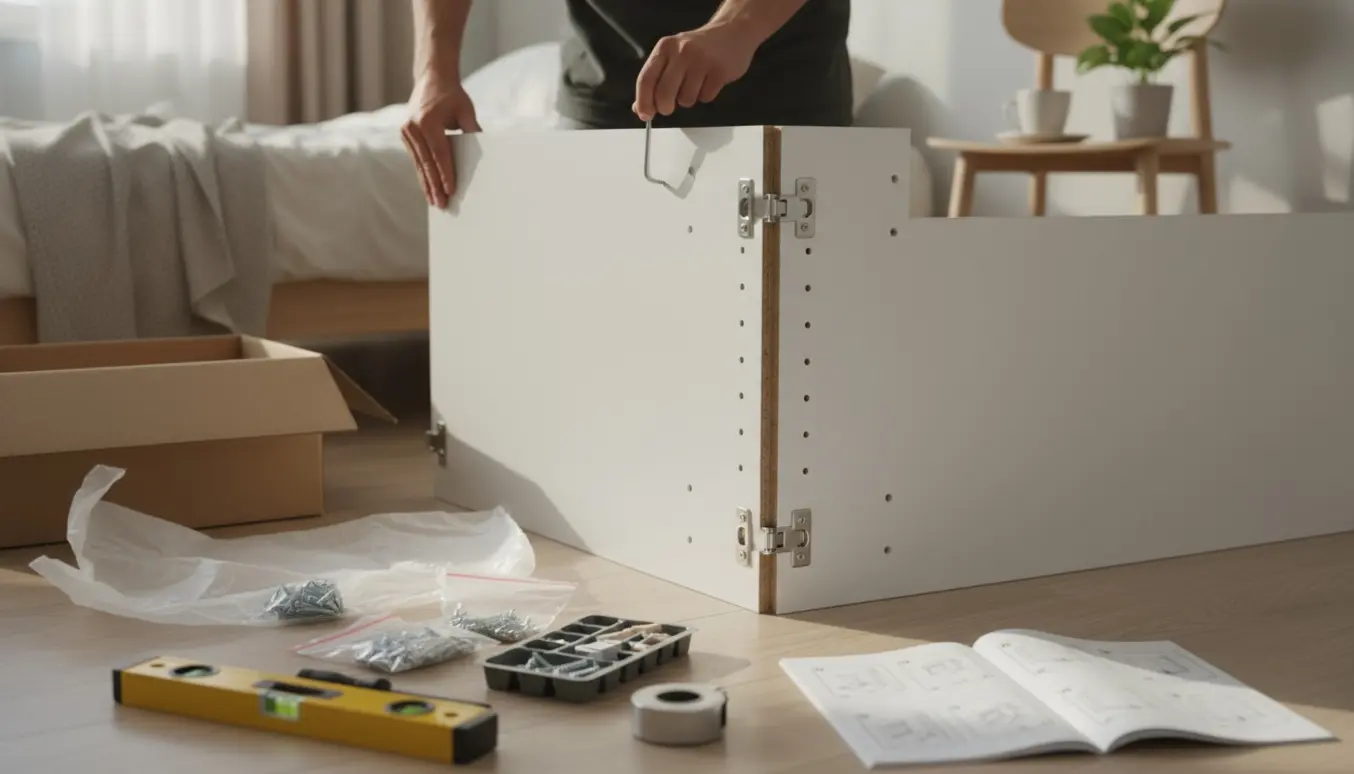 Delvist samlet hvidt garderobeskab i lyst soveværelse med værktøj og hænder, der monterer en plade.