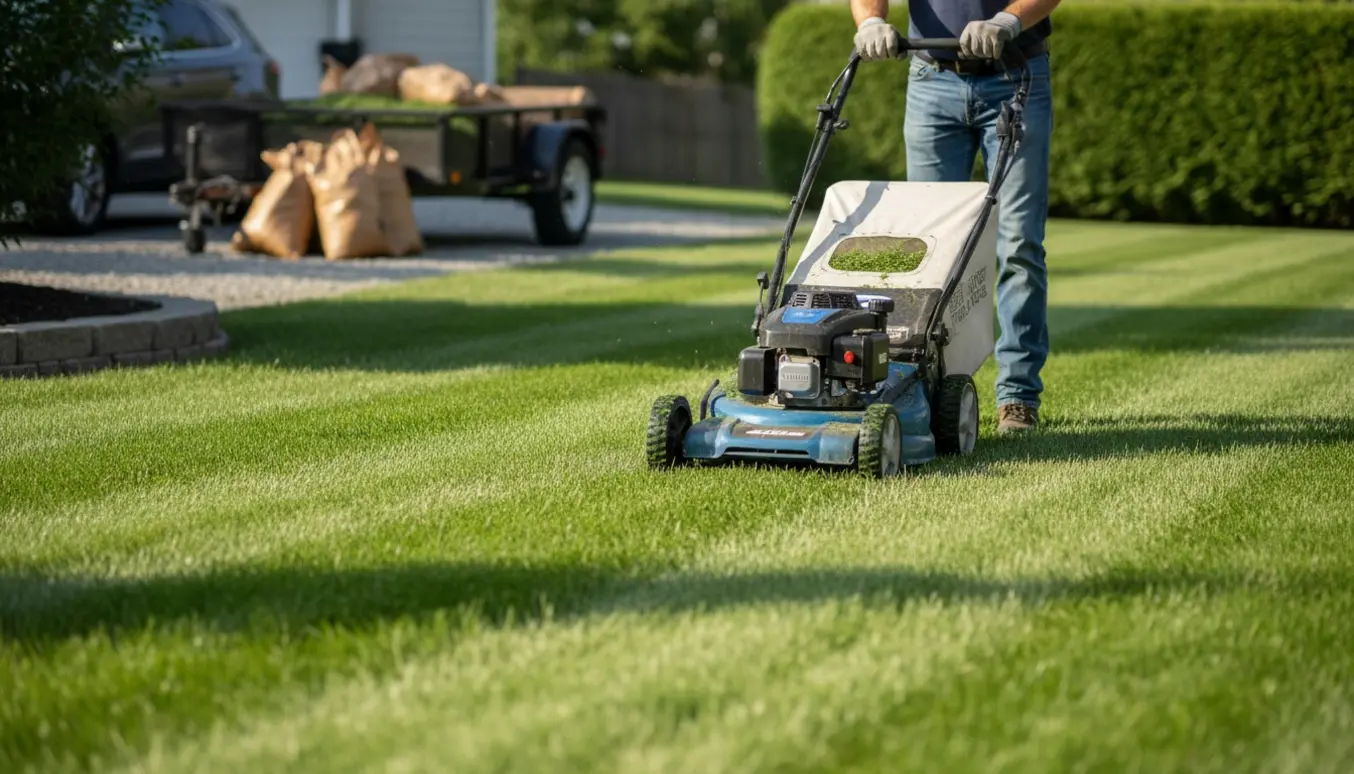 Person slår græs med en plæneklipper på en mellemstor plæne med opsamlet græs klar til afhentning.