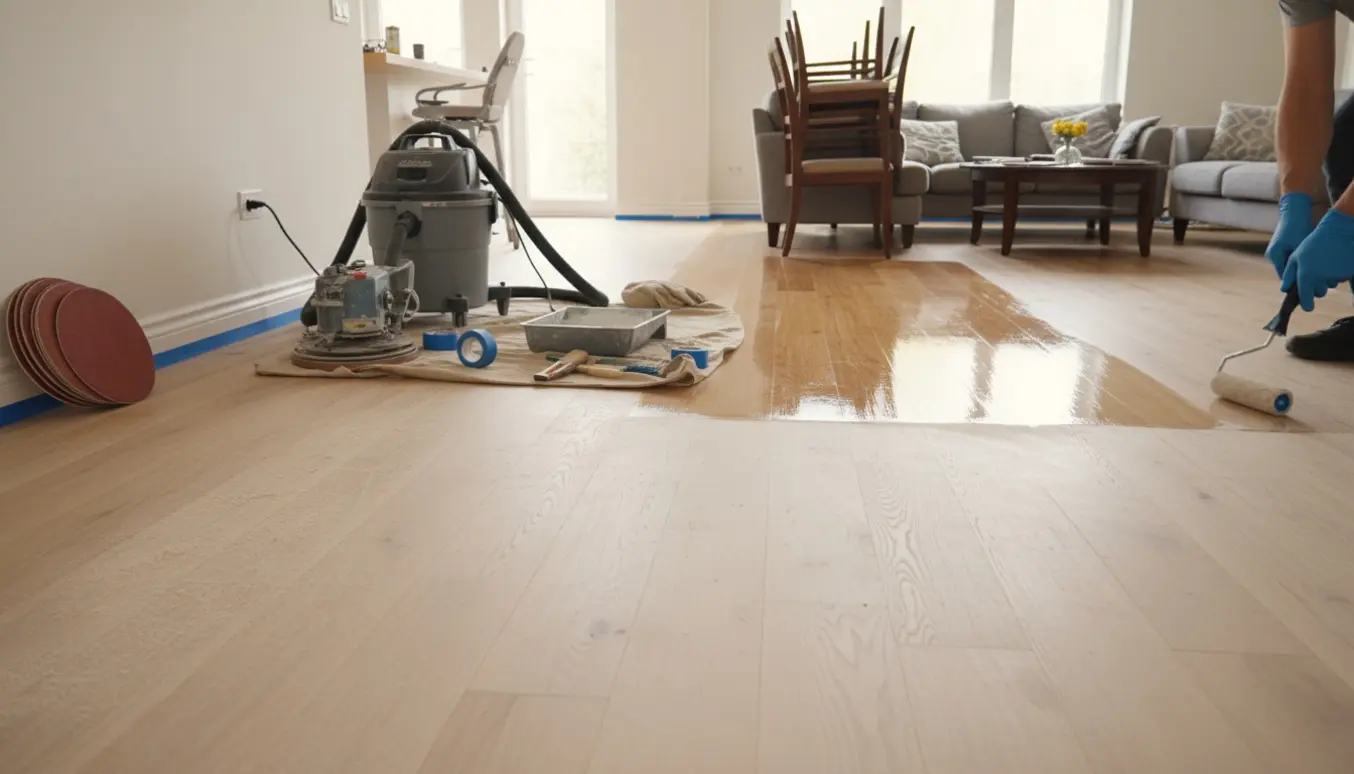 Trægulv i åben stue-køkken under slibning og lakering med værktøj og møbler skubbet til siden.