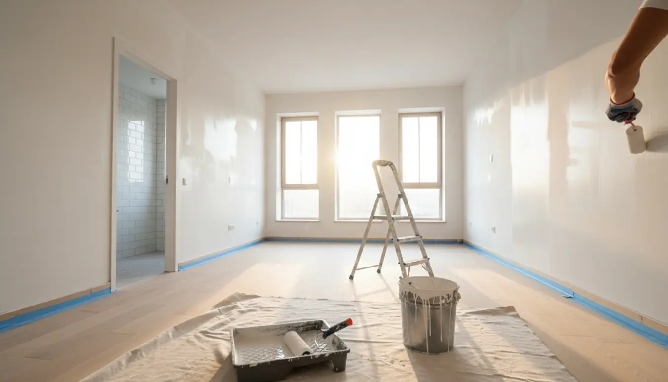 Tom, umøbleret lejlighed under maling med hvidt på vægge og lofter, maleruller og stige i forgrunden, fliser synlige i badeværelset.