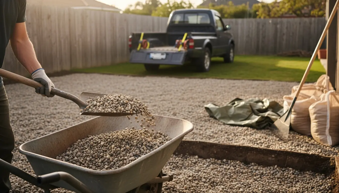 En person skovler perlesten i en trillebør foran en trailer klar til afhentning.