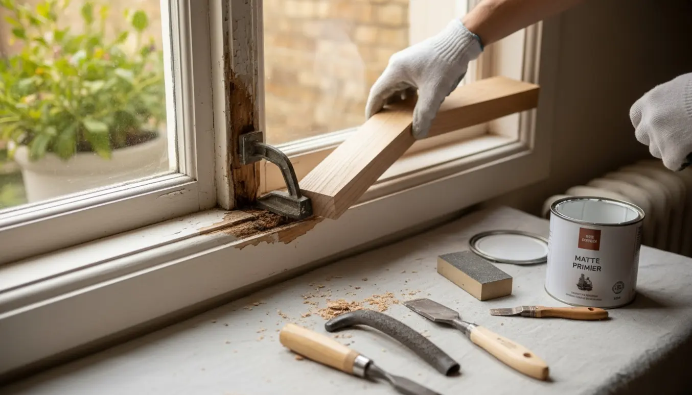 Hænder i handsker monterer et nyt træstykke i et råddent nederste vinduesstykke med værktøj og træspåner i dagslys.