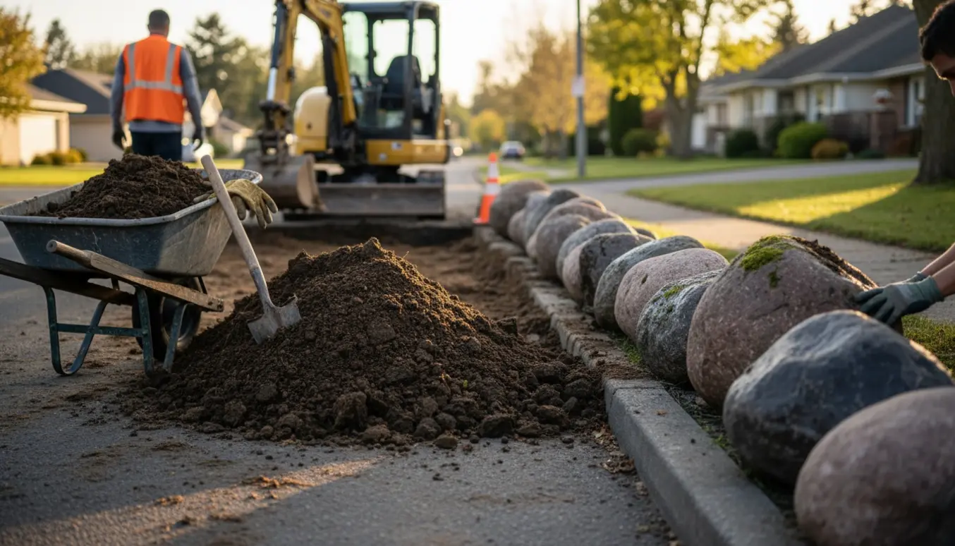 Skovl, trillebør og mini-graver ved vejkant med en bunke jord og ti store sten klar til fjernelse.